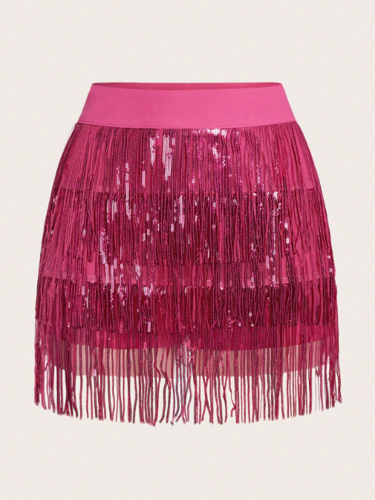 ICON Rose Red Contrast Sequin Fringe Hem Skirt