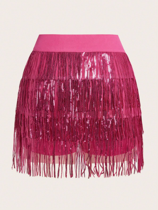 ICON Rose Red Contrast Sequin Fringe Hem Skirt