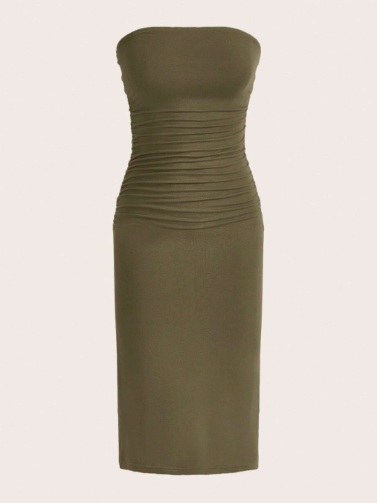 EZwear Solid Ruched Tube Bodycon Dress