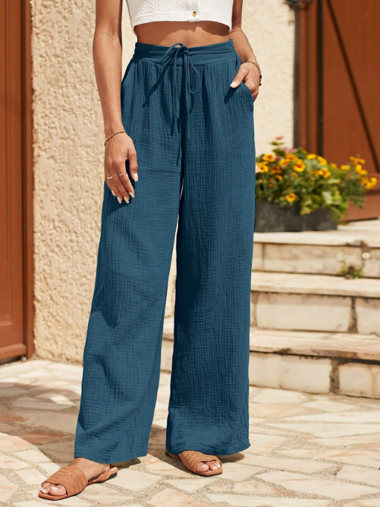 Frenchy Drawstring Waist Wide Leg Pants