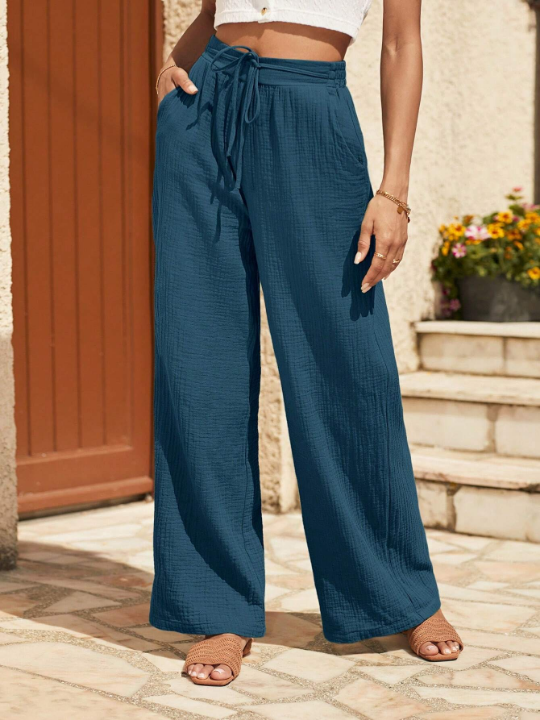 Frenchy Drawstring Waist Wide Leg Pants