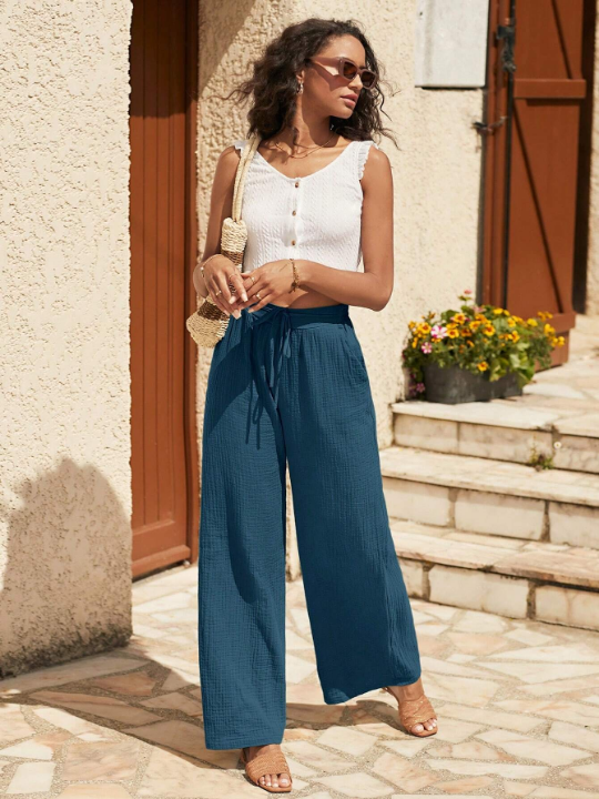 Frenchy Drawstring Waist Wide Leg Pants