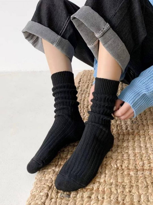 1pair Solid Color Thick Knit Mid-calf Socks Unisex Vertical Striped Stockings