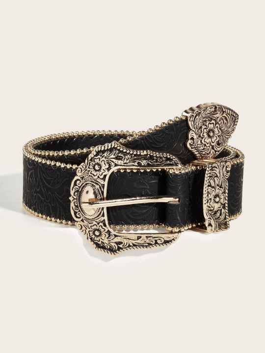 1pc Women's Embossed Western Cowgirl Style Heavy Duty Truck Bead Buckle Fashion Pu Belt For Daily Use