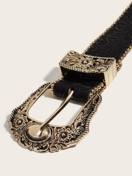 1pc Women's Embossed Western Cowgirl Style Heavy Duty Truck Bead Buckle Fashion Pu Belt For Daily Use