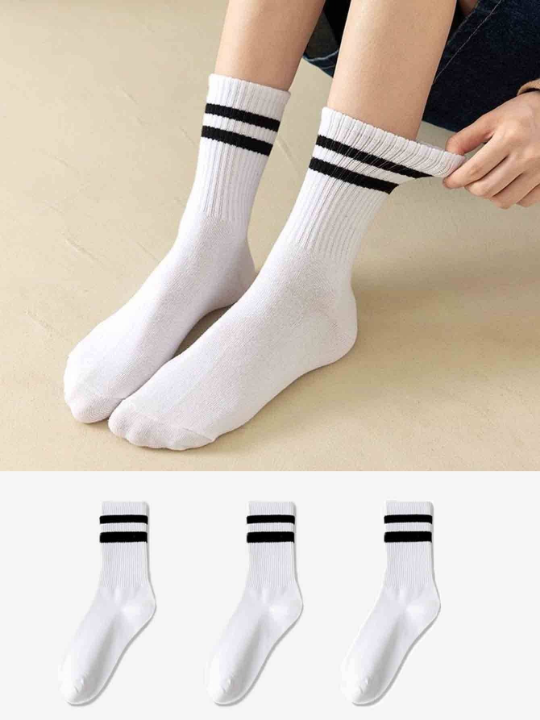 3 pairs of white striped mid-tube socks casual sports women's socks with shark pants outerwear tide socks stockings