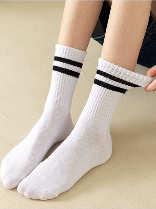 3 pairs of white striped mid-tube socks casual sports women's socks with shark pants outerwear tide socks stockings