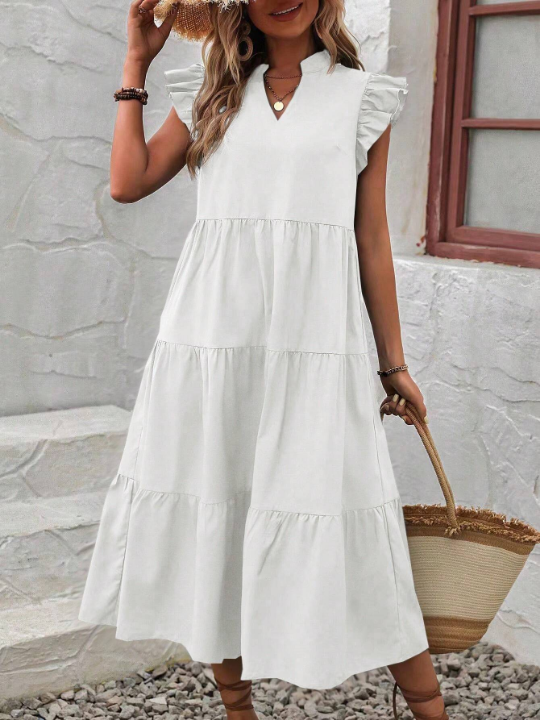 VCAY Notched Neckline Ruffle Trim Smock Dress