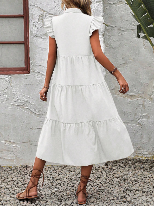 VCAY Notched Neckline Ruffle Trim Smock Dress