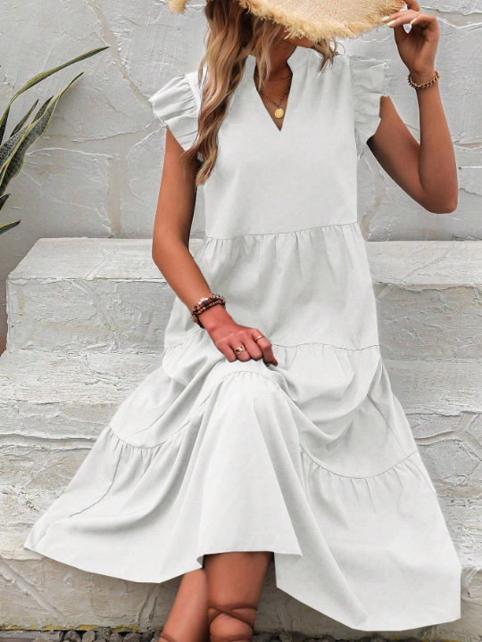 VCAY Notched Neckline Ruffle Trim Smock Dress