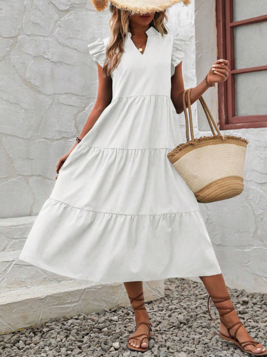 VCAY Notched Neckline Ruffle Trim Smock Dress