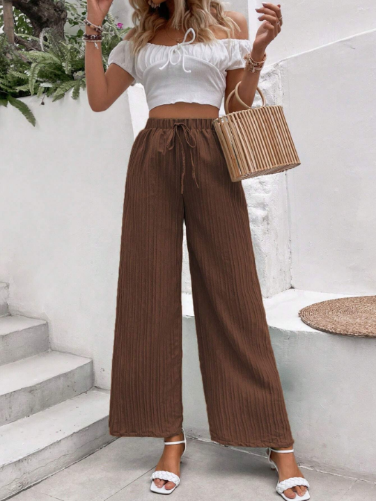 VCAY Solid Knot Waist Wide Leg Pants