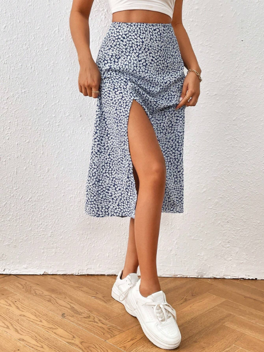 PETITE Ditsy Floral Print Split Thigh Skirt