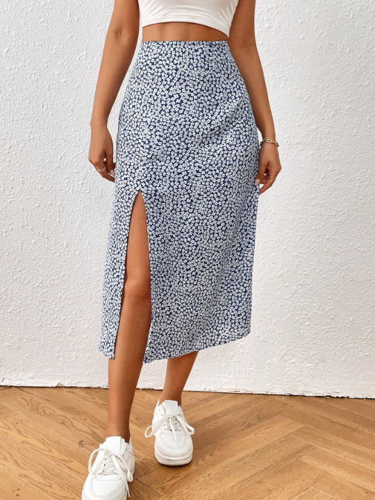 PETITE Ditsy Floral Print Split Thigh Skirt