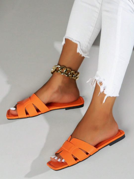 Women's Orange Snake Print Flat Sandals, Orange Women's Flat Sandals