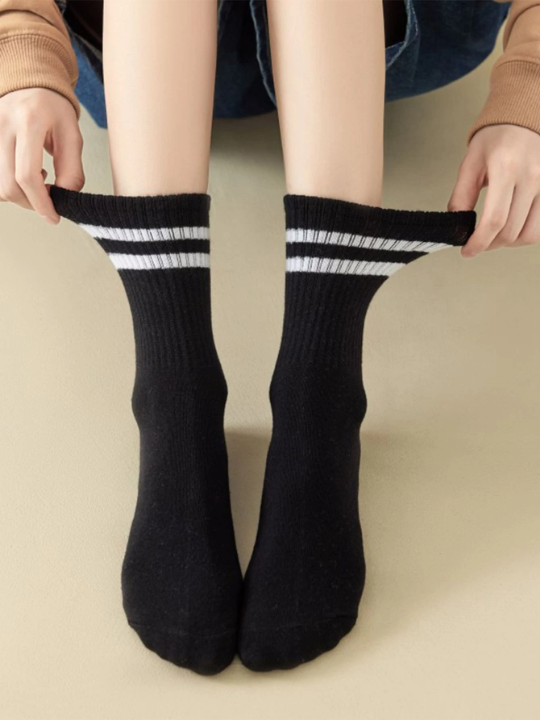 3 pairs of black striped mid-tube socks casual sports women's socks with shark pants outerwear tide socks stockings