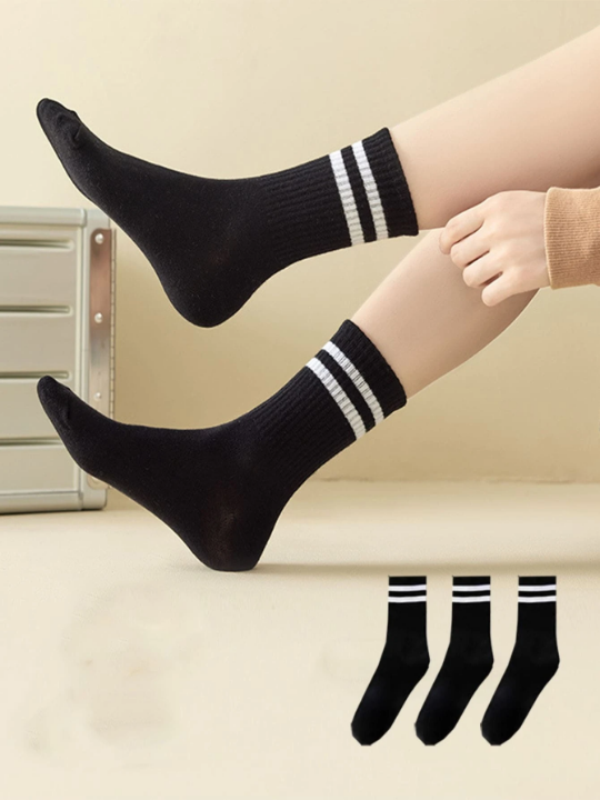 3 pairs of black striped mid-tube socks casual sports women's socks with shark pants outerwear tide socks stockings