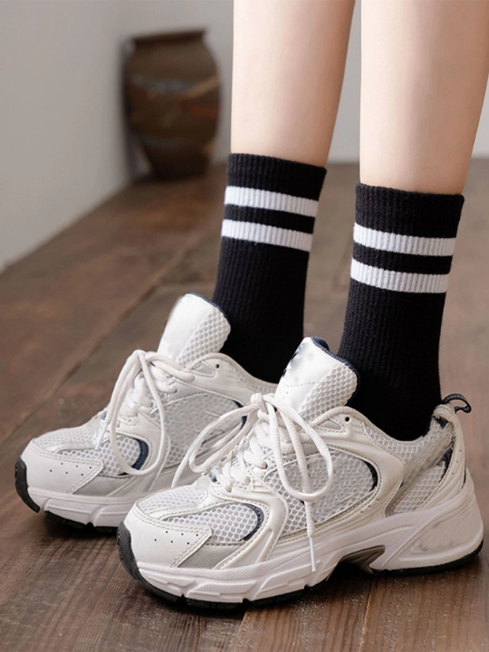 3 pairs of black striped mid-tube socks casual sports women's socks with shark pants outerwear tide socks stockings