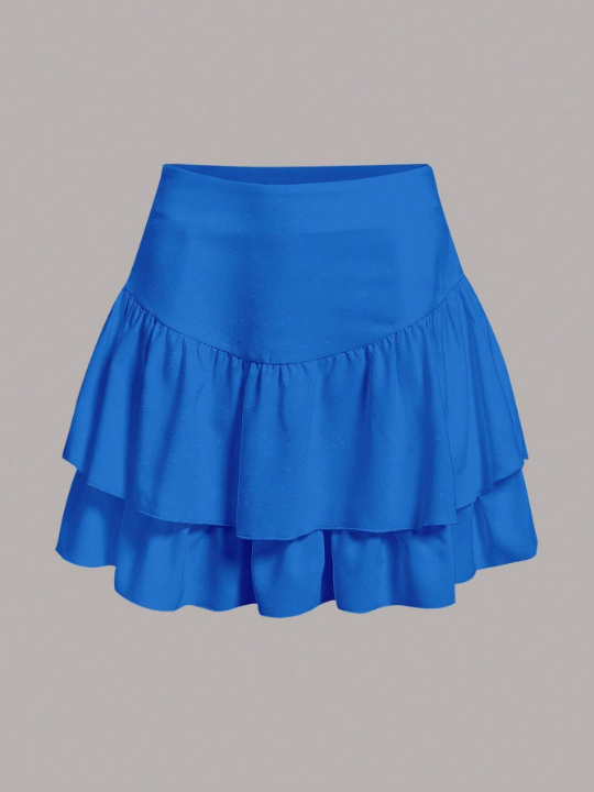 EZwear Solid Layered Ruffle Hem Skirt