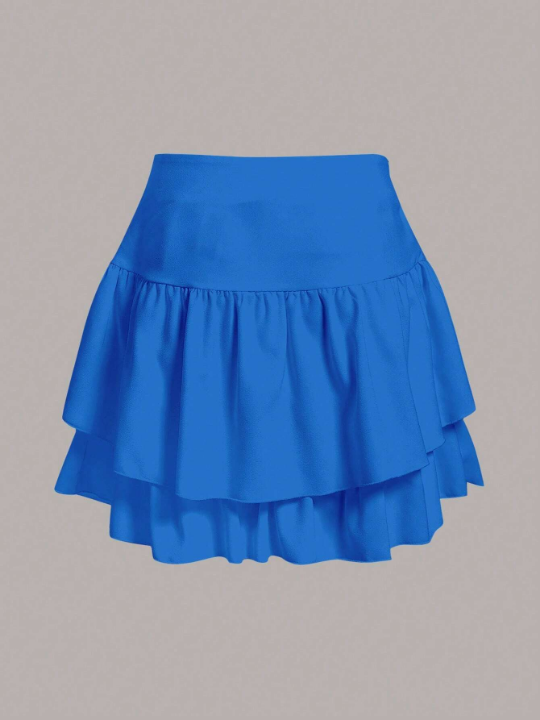 EZwear Solid Layered Ruffle Hem Skirt