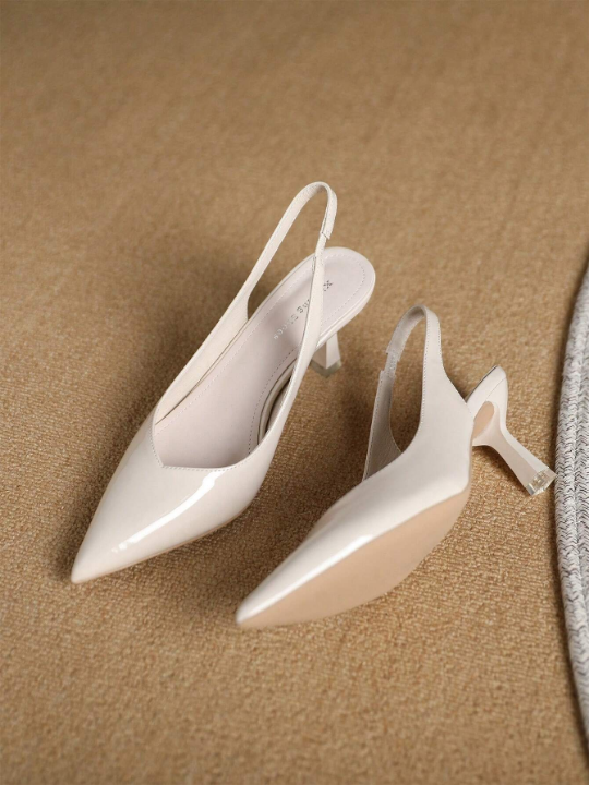 Women's Elegant Beige Solid Color Open Back Pointed-toe Pyramid Heel Stiletto Sandals