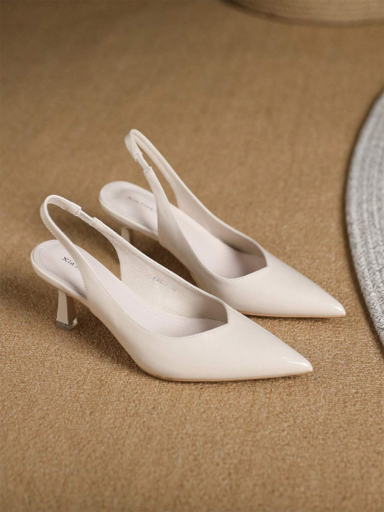 Women's Elegant Beige Solid Color Open Back Pointed-toe Pyramid Heel Stiletto Sandals