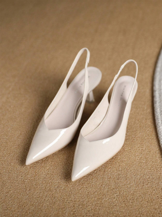 Women's Elegant Beige Solid Color Open Back Pointed-toe Pyramid Heel Stiletto Sandals