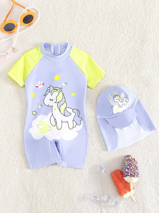 Baby Girl Unicorn Print Raglan Sleeve One Piece Swimsuit With Swim Cap