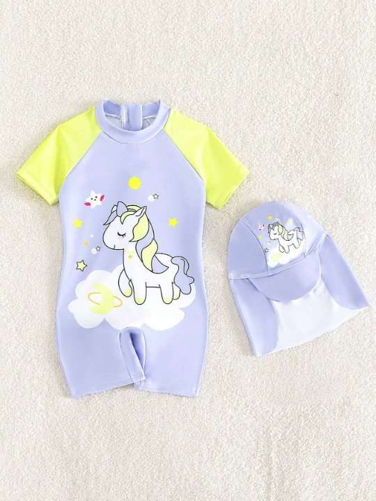 Baby Girl Unicorn Print Raglan Sleeve One Piece Swimsuit With Swim Cap