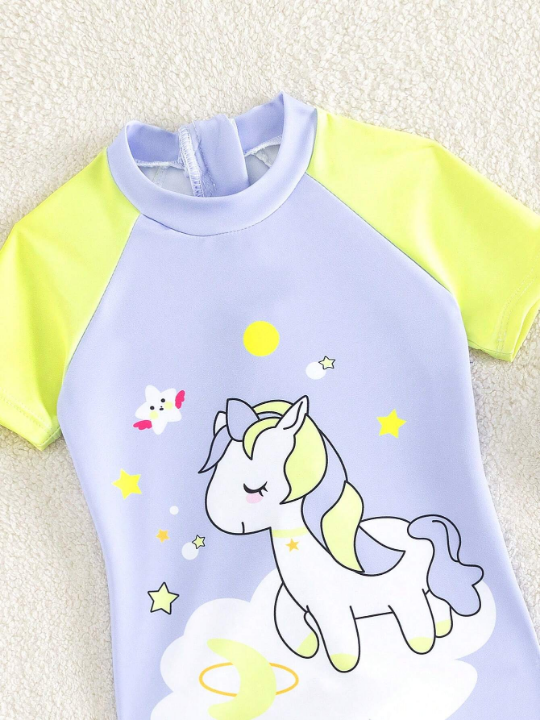 Baby Girl Unicorn Print Raglan Sleeve One Piece Swimsuit With Swim Cap