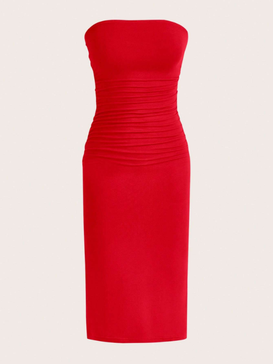 EZwear Summer Red Solid Ruched Tube Slit Bodycon Dress