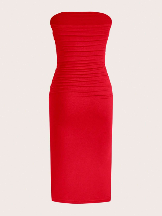 EZwear Summer Red Solid Ruched Tube Slit Bodycon Dress