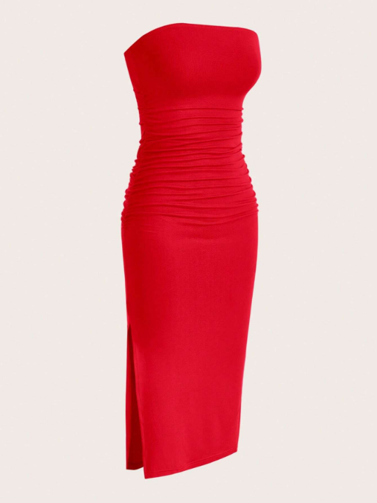 EZwear Summer Red Solid Ruched Tube Slit Bodycon Dress