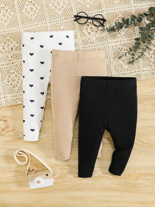 Baby Girl Comfortable Casual Heart & Polka Dot Print Solid Color Leggings (3-Pack)