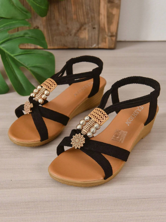 Women Rhinestone Decor Slingback Wedge Sandals, Faux Suede Fashion Sandals