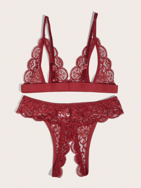 Floral Lace Scallop Trim Lingerie Set