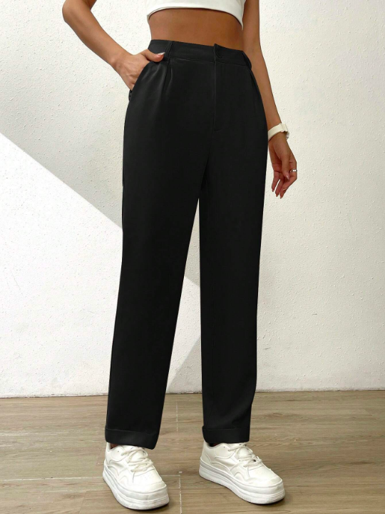 Essnce Solid Fold Pleated Slant Pocket Pants