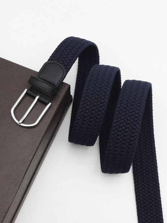 1pc Men's Dark Blue Simple & Versatile Elastic Woven Belt For Daily Casual Wear
