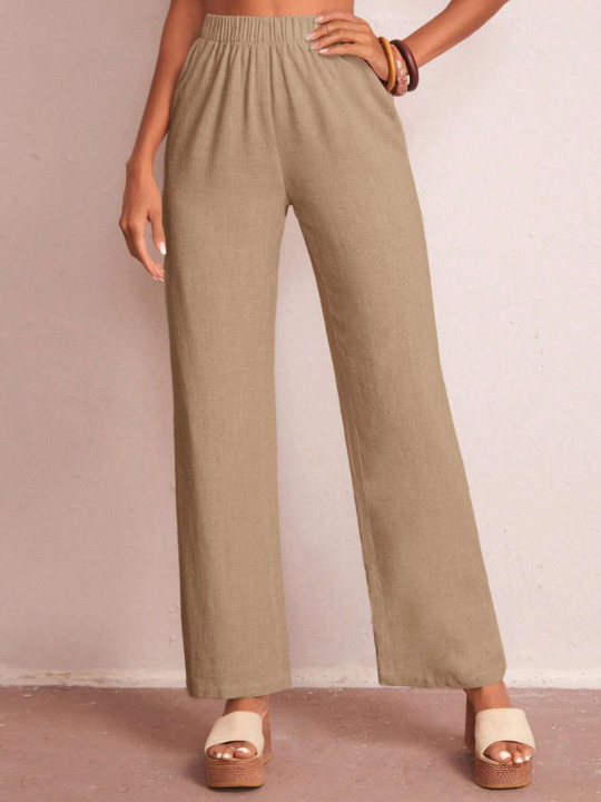 LUNE Solid Elastic Waist Straight Leg Pants