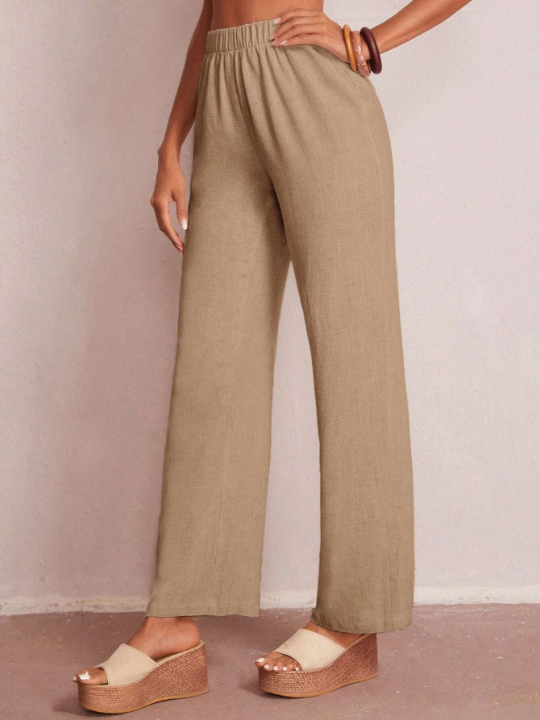 LUNE Solid Elastic Waist Straight Leg Pants