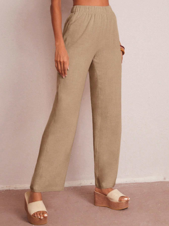 LUNE Solid Elastic Waist Straight Leg Pants