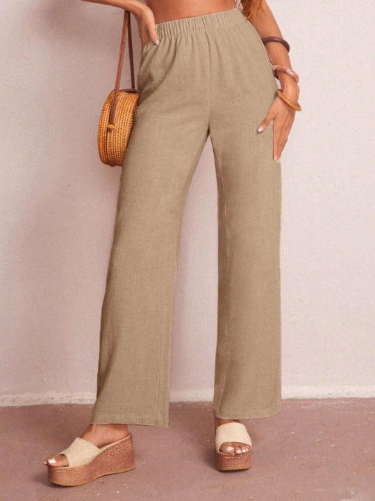 LUNE Solid Elastic Waist Straight Leg Pants