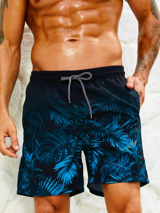 Manfinity Swimmode Men Tropical Print Drawstring Waist Swim Trunks