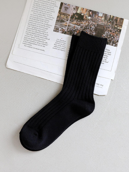 1pair Solid Color Thick Knit Mid-calf Socks Unisex Vertical Striped Stockings