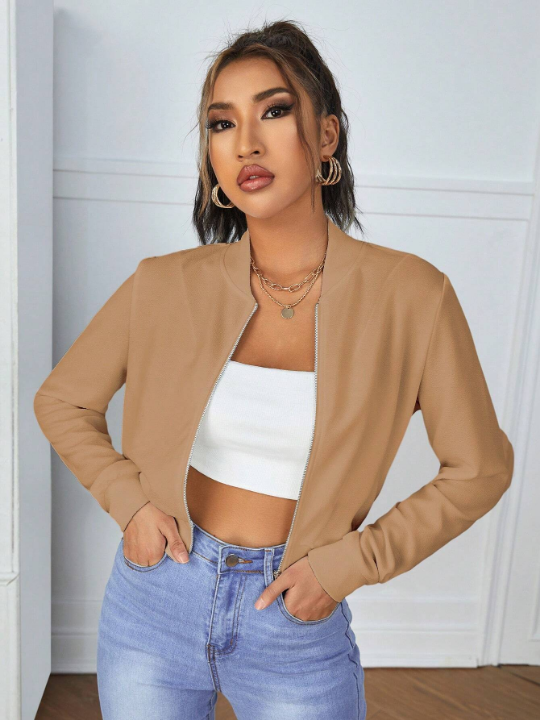 Essnce Solid Zip Up Crop Bomber Jacket