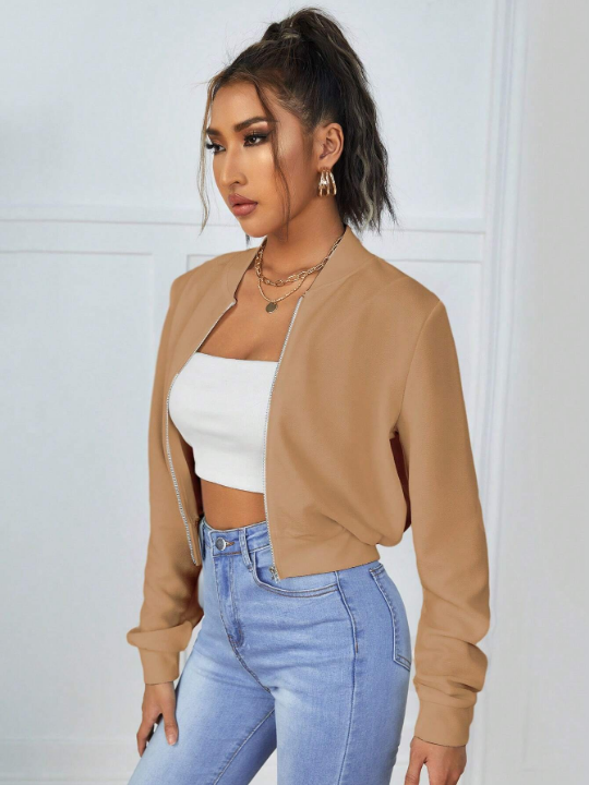 Essnce Solid Zip Up Crop Bomber Jacket