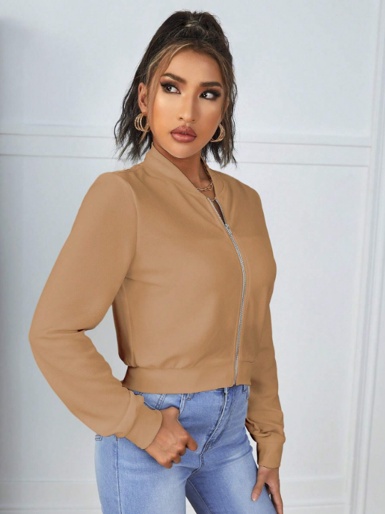 Essnce Solid Zip Up Crop Bomber Jacket