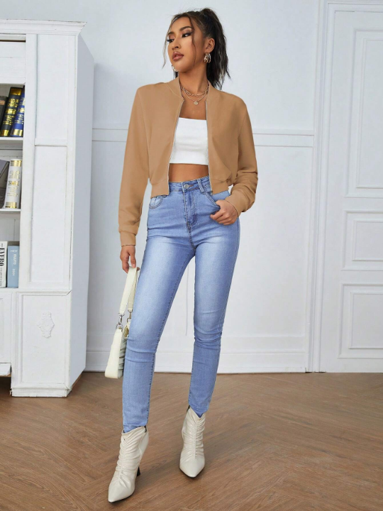 Essnce Solid Zip Up Crop Bomber Jacket