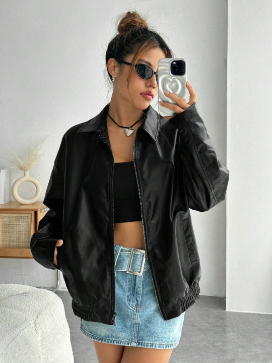 EZwear Casual And Stylish Zippered Off-Shoulder PU Leather Jacket