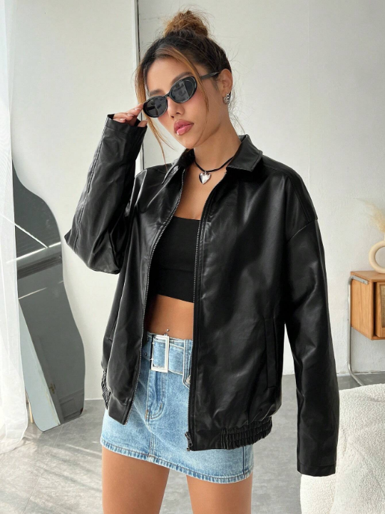 EZwear Casual And Stylish Zippered Off-Shoulder PU Leather Jacket